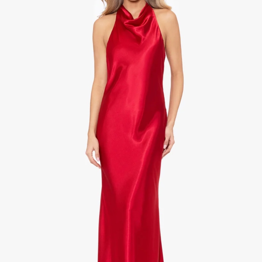 BETSY AND ADAM HALTER NECKTIE SATIN MAXI DRESS